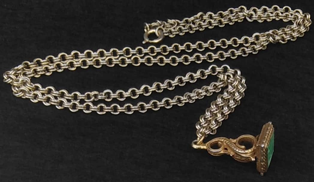Vintage Long-Line Fob Pendant Necklace – 29" Plated Chain with Faux Green Stone